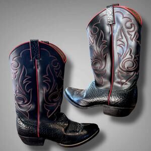 Men's Sz 10.5 D JUSTIN DIAMOND J Black Leather Western Boots With Red Inlay, EUC